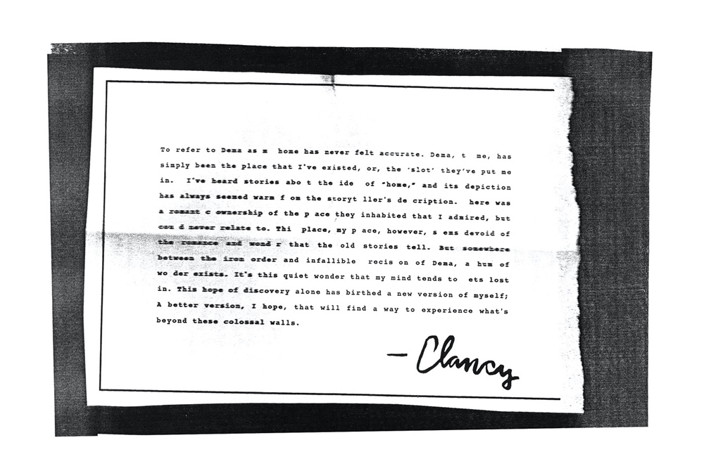 Alt text: Scan of typed journal entry. White torn page on dark background. Handwritten signature reading &quot;Clancy&quot; at the bottom.