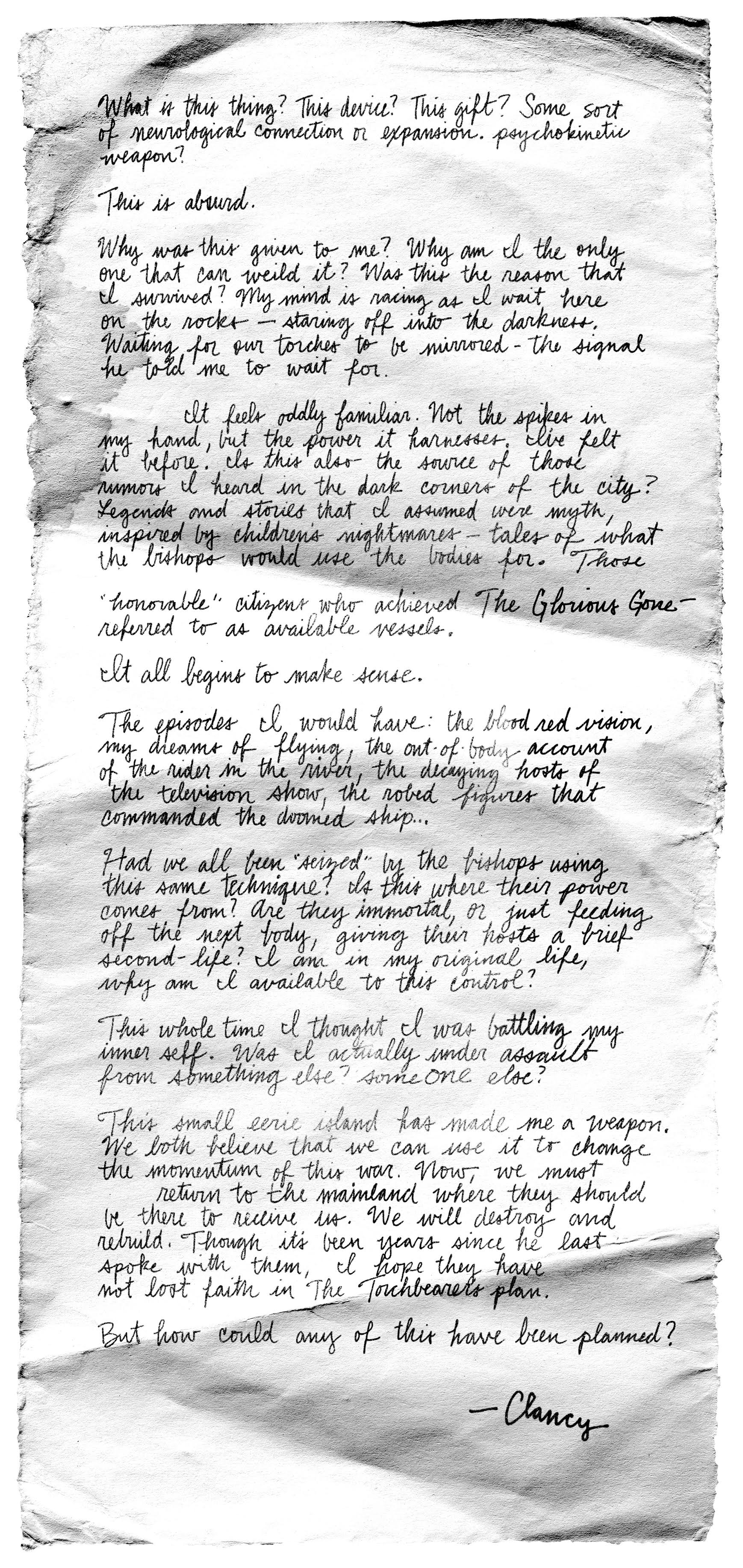 Alt text: Scan of long handwritten note on a distressed piece of paper. Note is written in cursive and is signed by Clancy at the bottom.
