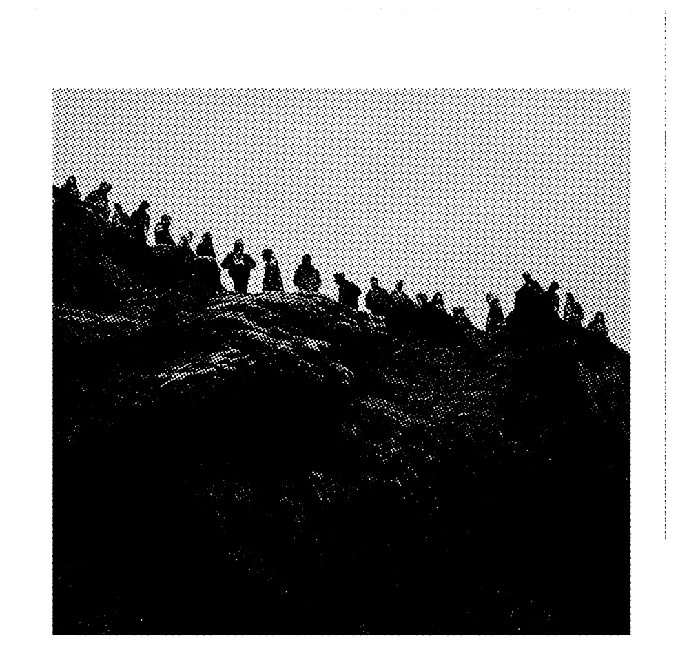 Alt text: Half tone image on white background showing a group of people standing at the top of a cliff. Perspective of the shot is like someone at the bottom of the cliff looking up at them. Same setting as the Jumpsuit music video.