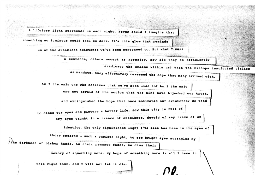 Alt text: Scan of a typed journal entry. The lines of the journal page seem to have been cut up and shifted in a pattern. At the bottom is the handwritten signature of Clancy.