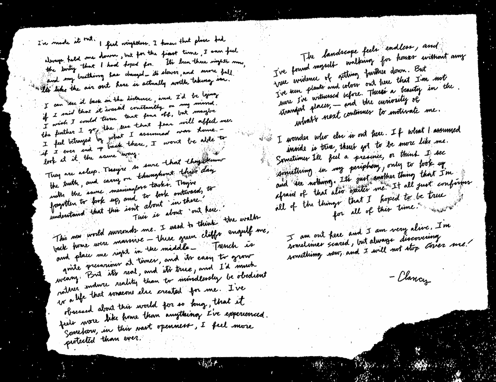 Alt text: photo of a handwritten note on a torn page. Note is written in cursive and signed by clancy at the bottom.