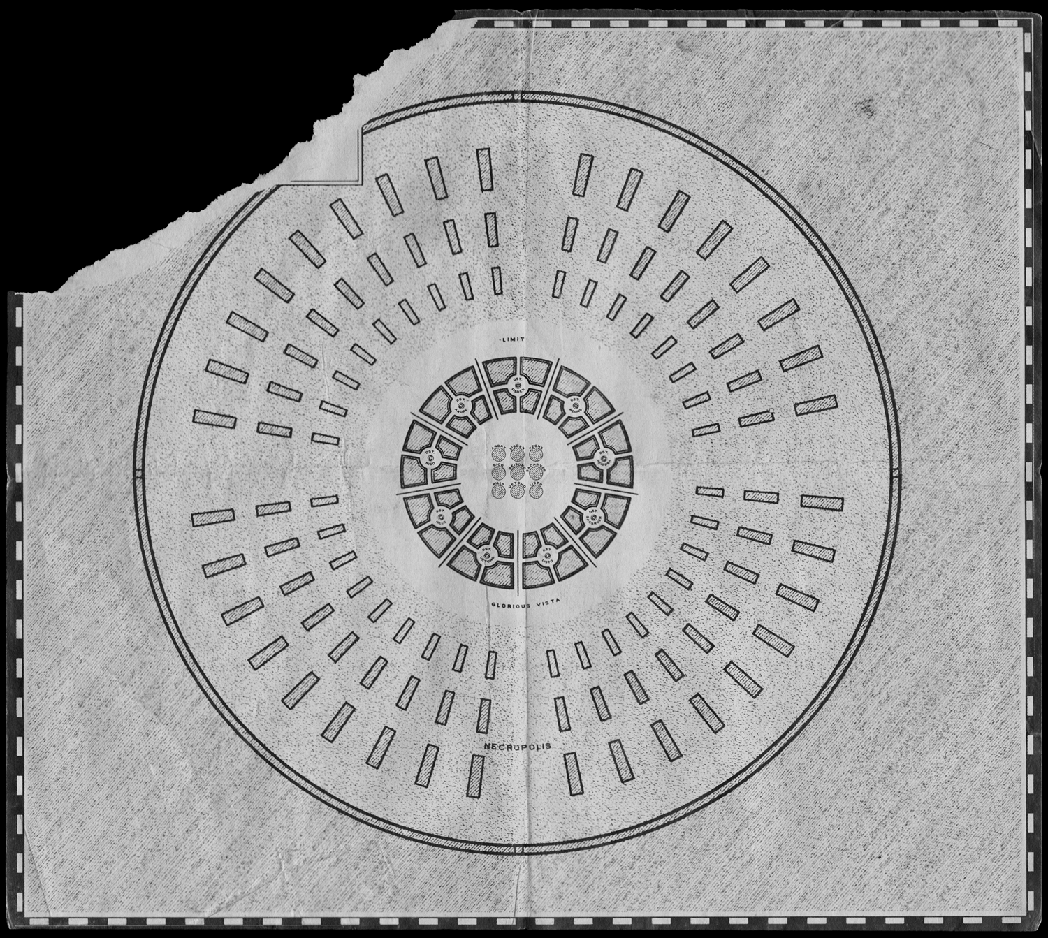 Alt text: Inverted image of the original map of Dema. Light gray map with top left corner torn off. In center of map is a circular area with lines of small concentric rectangles inside labeled necropolis. Inside that is a dark circle labeled Limit and Glorious Vista. Inside that are 9 districts arranged in a circle, each labeled with a name that corresponds to a dot in the center. At very center of map are 9 dots arranged in a square. Each dot has a name written above it.