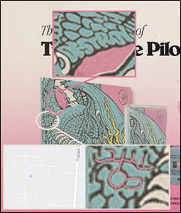 Alt text: Close up image of the album cover showing where the word &quot;destroy&quot; is hidden in the lines of the dragon, along with the outline of Clancy Way.