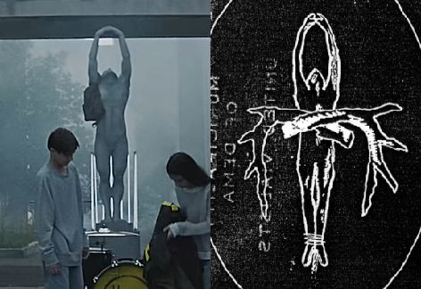 Alt text: Side by side picture comparing the hoisted body in the diagram and the human statue seen throughout Dema in the Nico and the Niners music video.