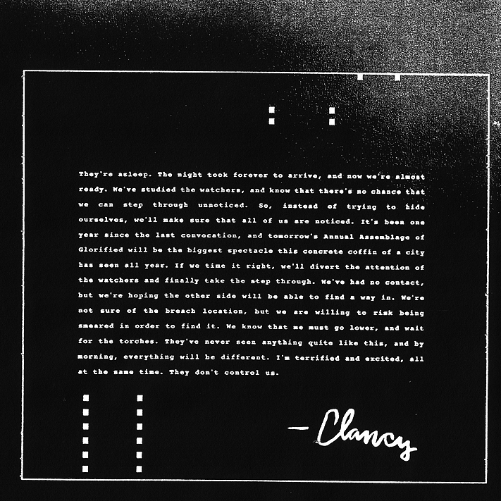 Alt text: This note appears to be inverted and is white text on a black background. The text is typed and at the bottom is the signature of clancy. There are several small white squares at the bottom left and top right of the page.