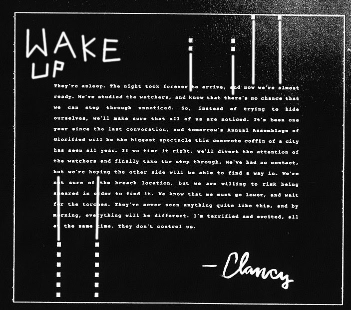 Alt text: black journal image with lines going from the dots to the letter they correspond with. The words &quot;Wake Up&quot; written in the top left.