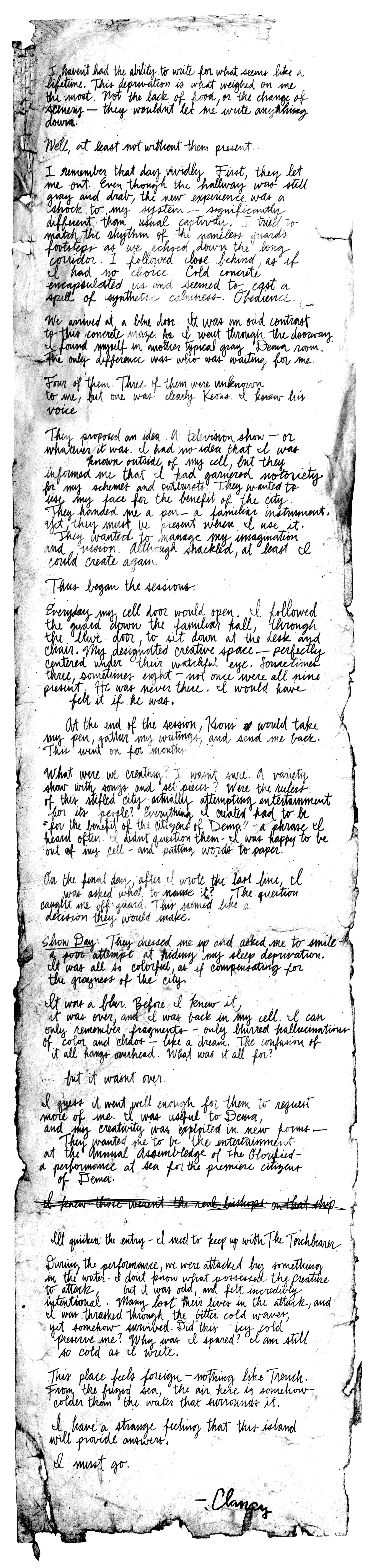 Alt text: Scan of long handwritten note on a distressed piece of paper. Note is written in cursive and is signed by Clancy at the bottom.