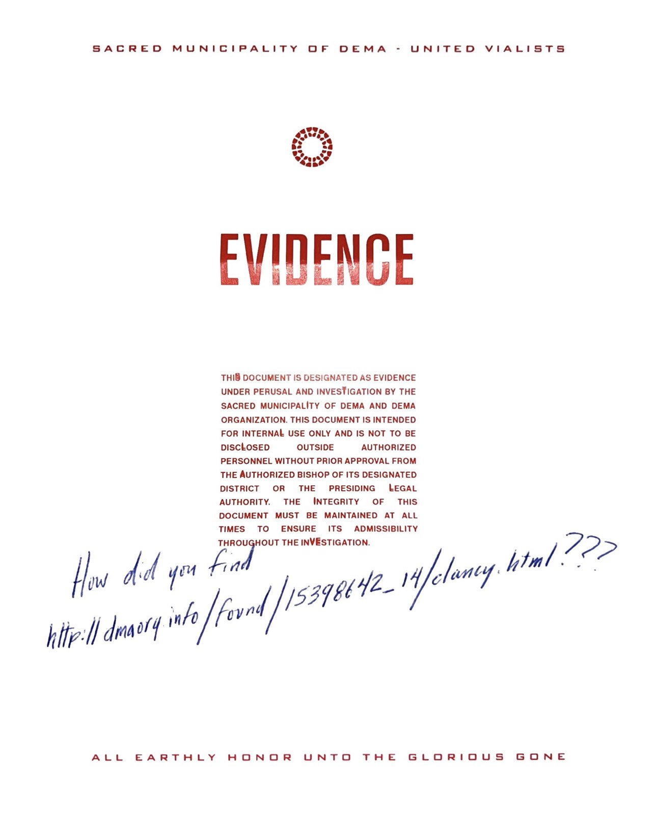 Alt text: Scan of an official-looking letter from DEMA printed in red. Big red letters on top spelling &#39;EVIDENCE&#39;. Handwritten text across the letter. 