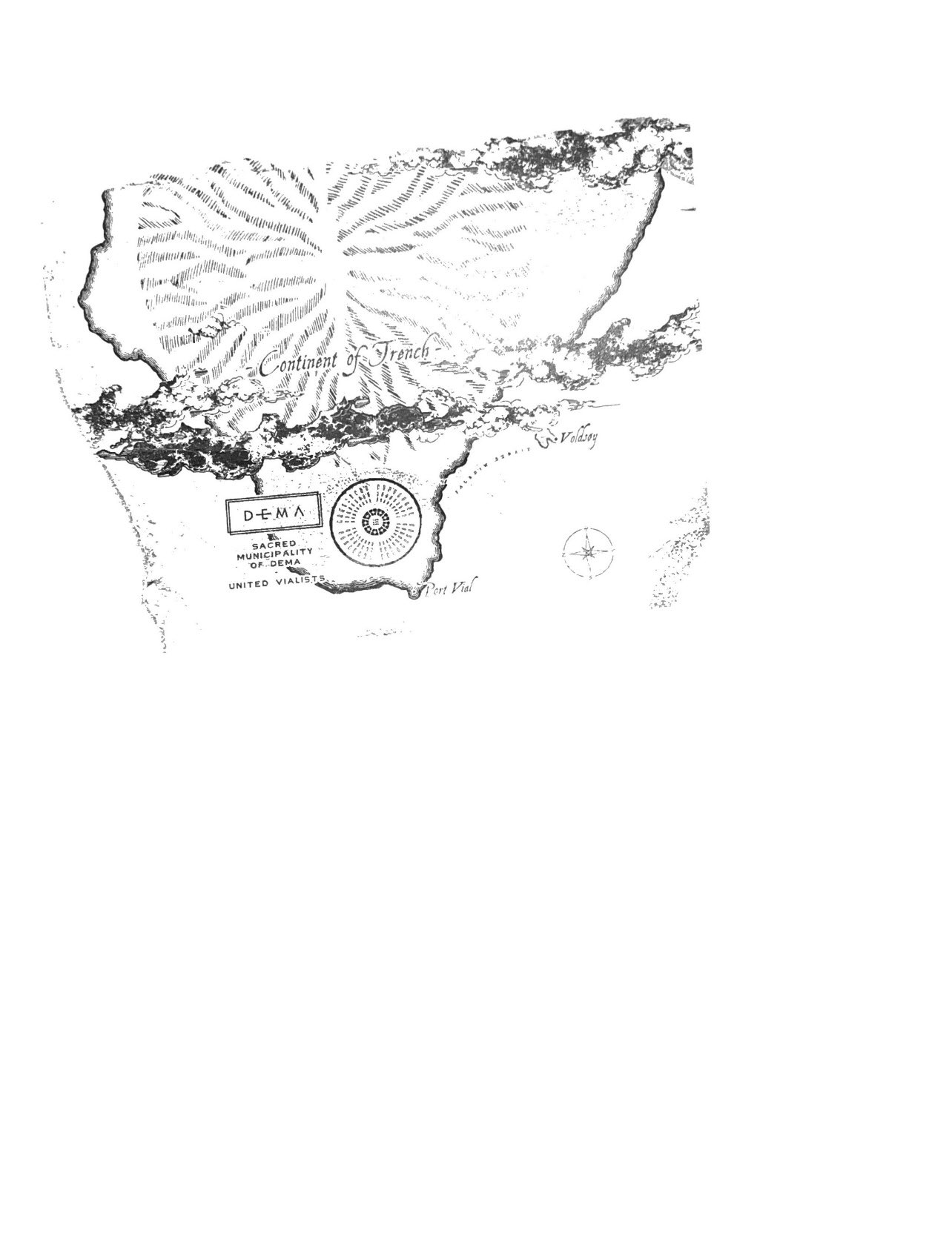 Alt text: Scan of a map highlighting the Continent of Trench, the Sacred Municipality of Dema and the island of Voldsøy. The sea patch connecting Voldsøy to the bay east of the city has been named &quot;Paladin Strait&quot;