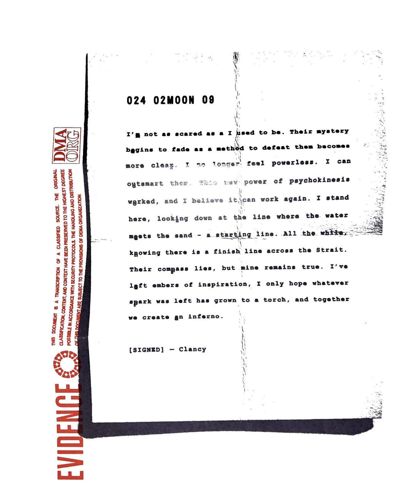 Alt text: Scan of typed journal page. Printed out signature signing &#39;Clancy&#39; at bottom.