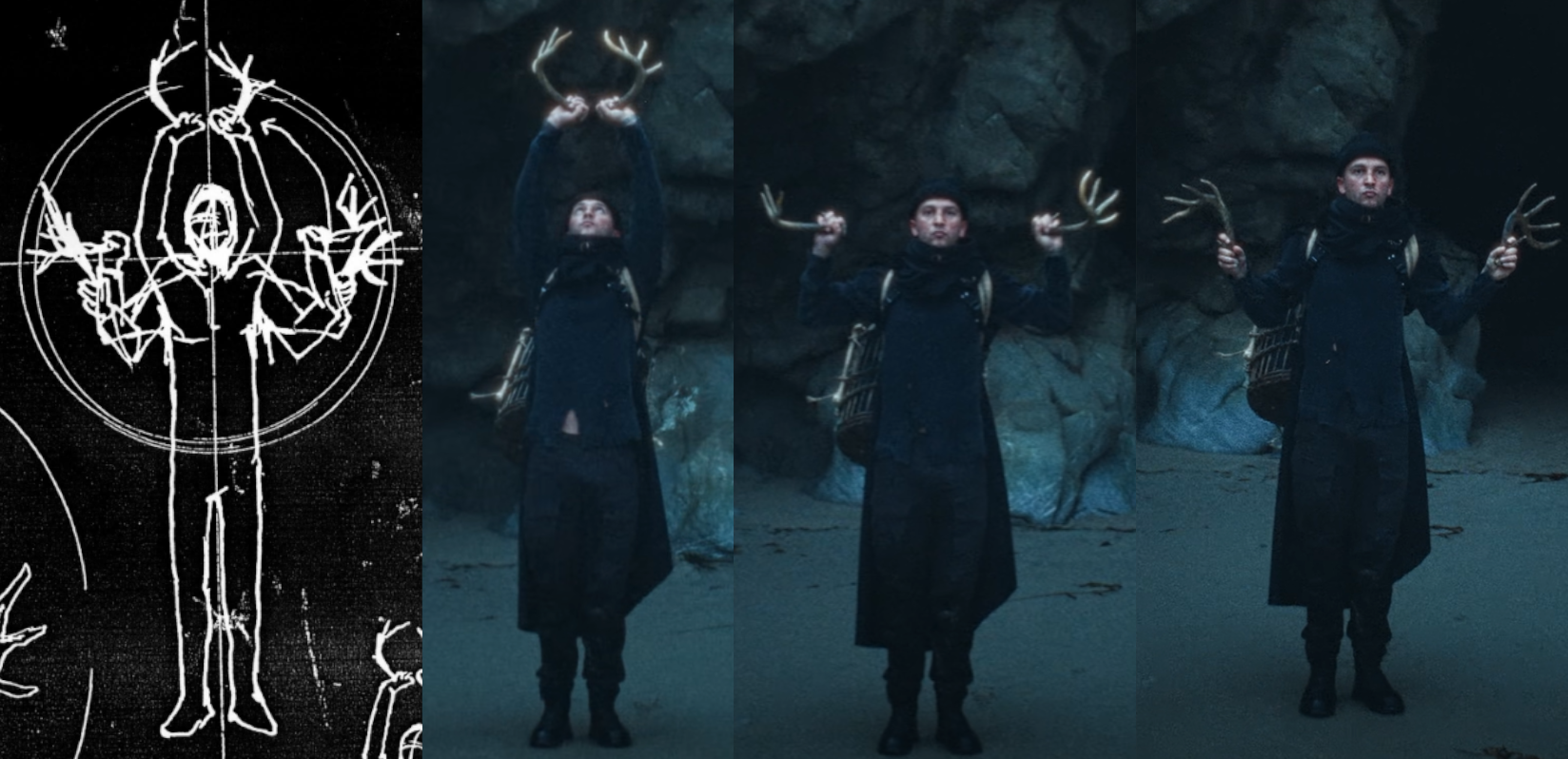 Alt text: Side by side picture comparing the diagram and Tyler&#39;s movements in the Outside music video