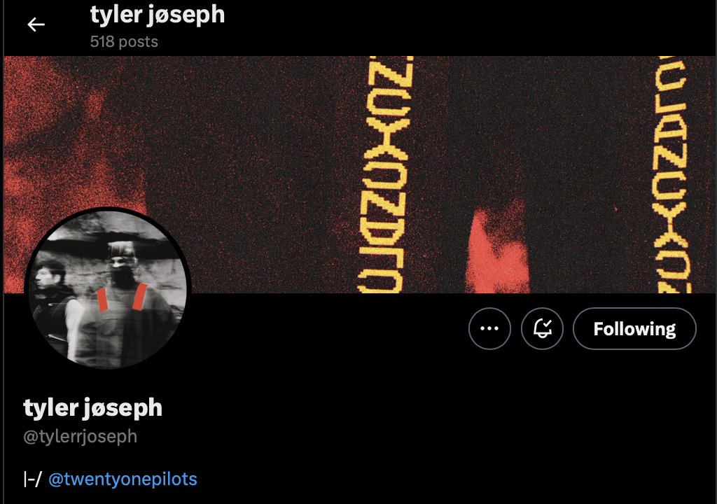 Alt text: Tyler Joseph&#39;s Twitter header and profile picture.