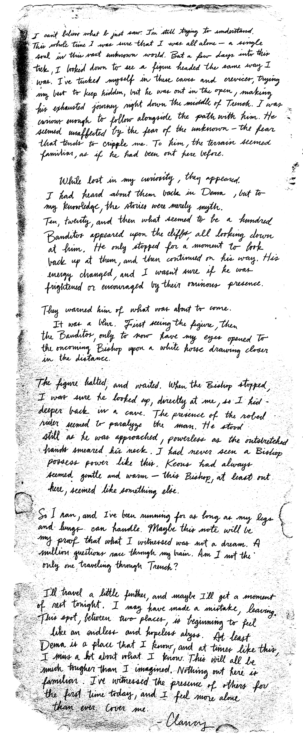 Alt text: Scan of long handwritten note on a distressed piece of paper. Note is written in cursive and is signed by Clancy at the bottom.